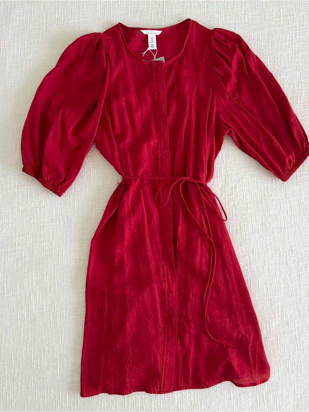 H&M Red Midi Dress with Puff Sleeves and Waist Tie